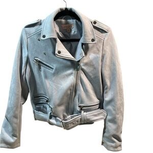 Philosophy Light Blue Faux Suede Moto Jacket Asymmetrical Zip Cropped Size XS